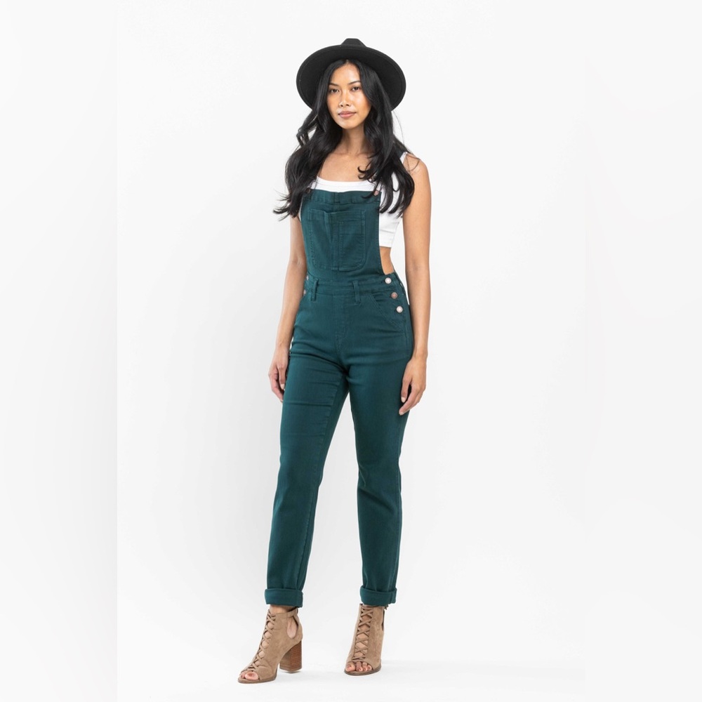 Judy Blue Women's Small HIGH WAIST TEAL GARMENT DYED CUFF BOYFRIEND OVERALLS NWT
